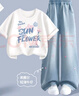 馬卡樂（MARCOLOR）馬卡樂童裝女童牛仔套裝夏季2025新款兒童短袖女孩闊腿褲兩件套 曬單實(shí)拍圖