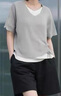 百家好（Basic House）Basic House/百家好假兩件短袖針織衫夏季短款抽繩撞色套頭上衣女 灰色 S 曬單實(shí)拍圖