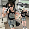 女童套裝夏季2025新款中大童女孩洋氣薄款背心牛仔短褲夏天兩件套 短袖套裝 薄款 150 曬單實拍圖
