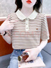 紅蜻蜓純棉短袖t恤女2025新款夏季條紋顯瘦寬松遮肉洋氣別致女士上衣 咖色條紋短袖 XL 【建議120-135斤】 曬單實拍圖