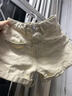 紅蜻蜓牛仔短褲女夏季高腰寬松顯瘦卷邊辣妹小個子a字闊腿熱褲 米杏色 L （建議108-120斤） 曬單實拍圖