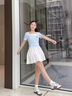 回力藍(lán)色短袖女t恤夏2025新款莫蘭迪色穿搭小個(gè)子正肩半袖假兩件上衣 曬單實(shí)拍圖