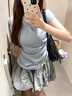 妙奕嘉條紋短袖t恤女士夏季衣服時尚高級新款上衣修身純欲短款辣妹甜美 法式藍(lán)色條紋抽繩綁帶無袖上衣 M 【建議100斤以內(nèi)】 曬單實拍圖
