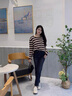 NICOLEJOLIE100%純棉2025夏季新款女針織T恤衫條紋寬松毛衣圓領(lǐng)長袖拼色上衣 咖色 JXSDY-BM859 L 曬單實(shí)拍圖