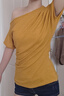 貞喜氣斜領(lǐng)掐腰短袖T恤女裝夏季韓系收腰露肩肌理感上衣 姜黃色 S 曬單實(shí)拍圖
