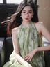 蕓蕁裙子女夏季2025新款新中式女裝無袖掛脖連衣裙子夏季清冷松弛感穿 霧林綠 XL 曬單實拍圖