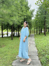 旅途原品ltyp 漢麻亞麻大廓型連衣裙 文藝休閑度假七分袖裙子女夏 蔚藍(lán)色 L 曬單實(shí)拍圖