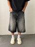 美式休閑七分褲春夏季痞帥潑墨復古男直筒寬松廓形黑灰色牛仔短褲 臟黑色七分 7031 S 【建議111-125斤】 曬單實(shí)拍圖