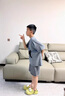 WVD國際品牌韓版短袖兒童家居服空調(diào)睡衣夏季休閑套裝男童新款中大童適用 短袖鈕扣深灰色小貓印花 120 cm 曬單實(shí)拍圖