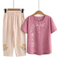 奉孝中年媽媽夏裝新款套裝純棉短袖中老年人女裝兩件套奶奶夏季上衣服 紫紅色 2XL (建議105-120斤) 曬單實拍圖