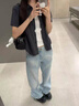 卡圖弛閃電紋水洗直筒牛仔褲男夏季破洞寬松顯瘦微喇叭痞帥百搭闊腿褲子 淺藍(lán)色 XL 【建議120-140斤】 曬單實(shí)拍圖