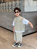 mlgt kids童裝男童套裝夏季新款韓版帥氣兒童短袖工裝衣服男孩夏裝 綠色 帥氣假兩件短袖短褲套裝 100 曬單實(shí)拍圖