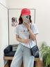 S·J·V·K韓系學(xué)院風(fēng)刺繡小貓咪短袖t恤女夏季獨特超好看拼色條紋半袖上衣 藍條紋 M （適合100-120斤） 曬單實拍圖