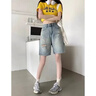 OLDER SEA破洞牛仔短褲女2025年夏季薄款新款高腰顯瘦寬松中褲直筒五分褲 復(fù)古藍(lán)【五分】 S 80-98斤 曬單實(shí)拍圖