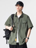 MADNESS HOUSE 美式復古工裝襯衫男夏季潮牌寬松休閑襯衣純色百搭短袖外套 軍綠色 M （推薦體重110-130斤） 曬單實(shí)拍圖