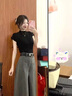 溫格芳休閑褲女2025夏季新款鹽系輕熟穿搭減齡時(shí)尚套裝高腰復(fù)古闊腿褲子 黑色上衣+灰色闊腿褲 M 曬單實(shí)拍圖