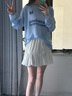 粉媚夢長袖t恤女潮流夏季衣服女裝夏裝新款2025t恤衫上衣半袖正肩罩衫 鏤空長袖印花針織t恤罩衫藍色 均碼 曬單實拍圖