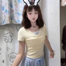 芭蕾風(fēng)假兩件蕾絲格子短袖t恤女夏季2025新款設(shè)計感小眾別致上衣 黃色 M 曬單實拍圖