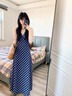 貞喜氣藍色長(cháng)款掛脖連衣裙高級感夏季復古格紋V領(lǐng)純欲顯瘦小個(gè)子長(cháng)裙 藍色 M 曬單實(shí)拍圖