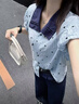 謎秀波點(diǎn)刺繡襯衫女2025夏季新款顯瘦上衣設(shè)計(jì)感獨(dú)特別致短袖襯衣女 藍(lán)色  襯衫 S 曬單實(shí)拍圖