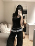 LDBE設計感蕾絲花邊拼接闊腿褲女夏季2025新款寬松高腰直筒黑色長褲潮 黑色 XL 曬單實拍圖