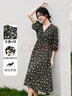 尚都比拉度假風(fēng)碎花連衣裙女夏天V領(lǐng)氣質(zhì)中長(zhǎng)裙收腰A字雪紡裙子 黑花 M 曬單實(shí)拍圖