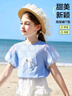 ASK JUNIOR女童短袖T恤2025夏裝兒童泡泡袖立體蝴蝶結休閑打底衫 藍色 110 曬單實(shí)拍圖