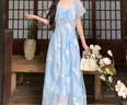 婧麒（JOYNCLEON）孕婦孕期夏裝孕婦裝2025新款孕婦連衣裙孕媽高級穿搭孕婦裙子舒適 藍色【繡花雪紡連衣裙】 L 曬單實(shí)拍圖