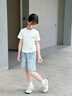 真維斯女童套裝夏季兒童短袖牛仔短褲薄款夏裝女孩可愛兩件套時(shí)尚童裝 白+淺藍(lán) 130 曬單實(shí)拍圖