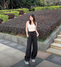 卡圖弛 美式緝明線vintage休閑褲子男早秋高街潮流彎刀褲垂感痞帥闊腿褲 黑色 XL 曬單實(shí)拍圖