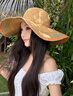 MORE WISS劉亦菲同款彩色大帽檐法式草帽夏季遮陽沙灘海邊度假防曬太陽帽子 橘色 均碼（54-59cm） 曬單實拍圖