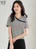 她享短袖T恤女黑白撞色條紋不規則領(lǐng)口設計感百搭時(shí)尚上衣T143T1474 曬單實(shí)拍圖