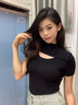 山朵棉黑色小高領(lǐng)短袖t恤女夏季新款鏤空設(shè)計(jì)感緊身內(nèi)搭上衣修身打底衫 黑色 M 曬單實(shí)拍圖