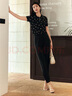玖姿（JUZUI）商場(chǎng)同款老錢(qián)polo衫短袖上衣女裝夏款JZEX80315 花黑 L 曬單實(shí)拍圖