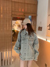 莜仙格2025年新款美式高街oversize工裝水洗做舊破洞牛仔外套女春秋夾克 牛仔外套 L 建議 105-115斤 曬單實(shí)拍圖