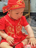 DUTRIEUX周歲禮服男寶寶女抓周衣服嬰兒夏季滿月百天生日宴連體衣唐裝 短袖套裝【狀元帽+福襪】 90 【21-24斤】周歲穿 曬單實(shí)拍圖