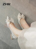 ZHR單鞋女尖頭淺口粗跟鞋子女氣質(zhì)仙女風(fēng)蝴蝶結女鞋 Y726 銀色 37  曬單實(shí)拍圖
