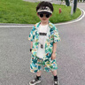 哈利城堡兒童短袖碎花襯衫套裝夏季新款寶寶沙灘男童襯衣短褲兩件套度假休 綠色（送同款墨鏡） 110 曬單實拍圖