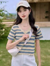 京多夢夏季正肩短袖t恤條紋針織衫女木耳邊2025新款顯瘦別致V領(lǐng)拼色上衣 藍(lán)色 M 藍(lán)色(90-100斤） 曬單實(shí)拍圖