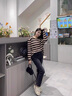 NICOLEJOLIE100%純棉2025夏季新款女針織T恤衫條紋寬松毛衣圓領(lǐng)長袖拼色上衣 咖色 JXSDY-BM859 L 曬單實(shí)拍圖