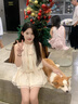 茯見法式韓系掛脖無袖連衣裙子度假小個子收腰氣質(zhì)短裙顯瘦套頭短裙 杏色 M 曬單實拍圖