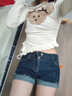 舒翎夏季大碼胖mm牛仔短褲女超低腰露臍彈力緊身顯瘦包臀千禧卷邊熱褲 藍色  L 105-115斤 曬單實(shí)拍圖