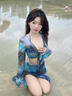 鉑吶苓辣妹比基尼泳衣女三件套海邊度假長裙小胸聚攏帶鋼托性感溫泉泳裝 比基尼長裙四件套【藍(lán)綠扎染】 均碼 70-125斤 曬單實(shí)拍圖