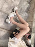 OLJ奢侈高端品牌女鞋方頭瑪麗珍婚鞋新款不累腳緞面氣質(zhì)一字扣高跟鞋 白色8.5cm 37 曬單實(shí)拍圖