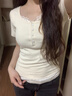 fredrical韓版半開(kāi)領(lǐng)假兩件碎花短袖T恤女新款設計感蕾絲正肩修身顯瘦上衣 杏色 S 曬單實(shí)拍圖