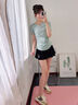 陶芙（taofu）羽毛球運動套裝女夏季寬松速干短袖防走光健身褲裙戶外跑步訓練服 綠色短袖+灰色三分裙褲 S 曬單實拍圖
