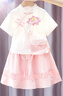 迪士尼（Disney）女童漢服夏季服裝寶寶改良超仙國風夏裝純棉兒童棉裝短袖套裝 粉色牡丹夏款收藏頭花美心貼 120身高105cm左右 曬單實拍圖