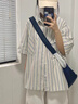 Jret日系復(fù)古藍(lán)色條紋短袖襯衫女夏季2025小眾設(shè)計寬松襯衣上衣 白色 L 曬單實拍圖