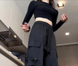 燦圖胖mm美式休閑工裝褲女夏季新款寬松顯瘦小個(gè)子設(shè)計(jì)感闊腿運(yùn)動(dòng)褲子 黑色 M 【建議80斤到100斤】 曬單實(shí)拍圖