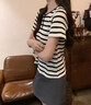 衣品元正肩短袖黑條紋華夫格金屬扣V領T恤女2025新款夏季設計感顯瘦上衣 黑白條紋 均碼 (85-120斤) 曬單實拍圖